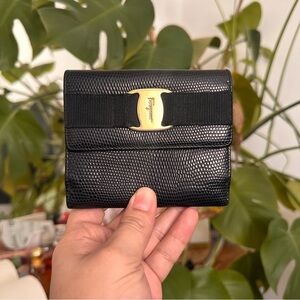 Salvatore Ferragamo Black Textured Wallet with Gold Accent